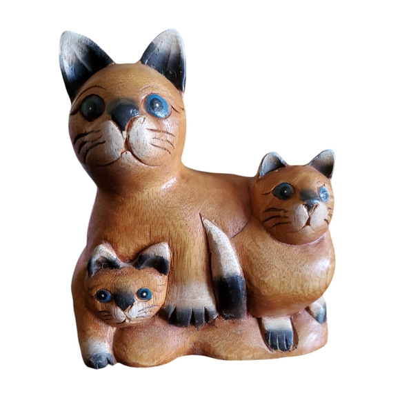Vintage Handcarved Cat Family Figure Siamese MCM Wood Kittens~Pre-Owned Thailand - Picture 2 of 11